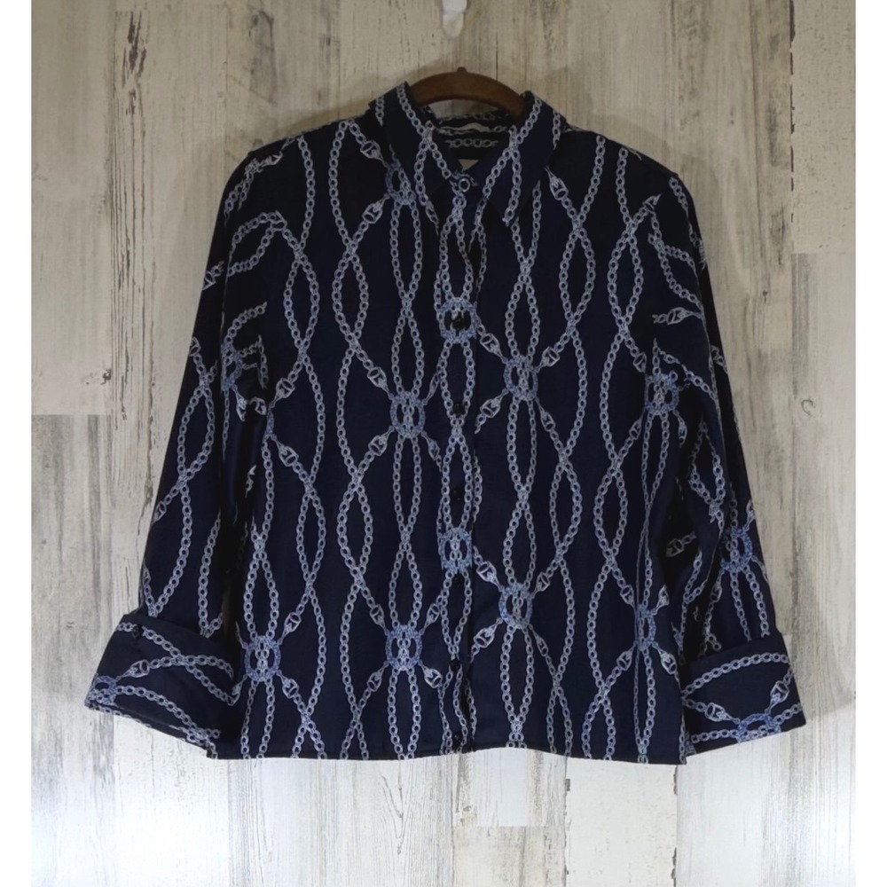 Chicos Button Front Shirt 0 or US 4 Navy Blue No-Iron Chic Nautical Chain Link